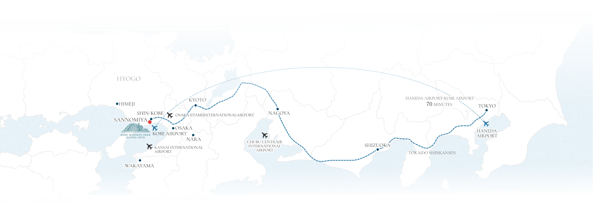 ホテルへのアクセスマップです。神戸空港、関西国際空港などが近くあり、羽田空港から70分の位置に当ホテルはございます。